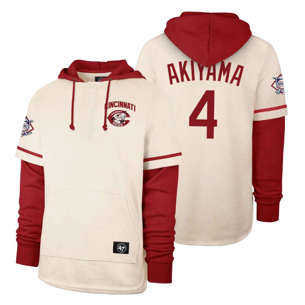 Men Cincinnati Reds #4 Akiyama Cream 2021 Pullover Hoodie MLB Jersey